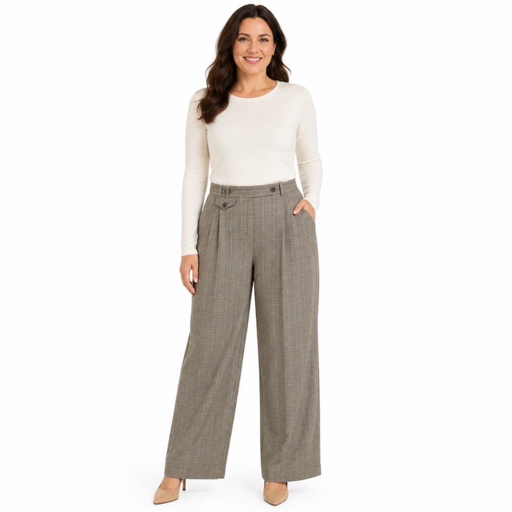 Liz Claiborne Petite 14P Plaid Wool Blend Wide Leg Dress Pants Trousers